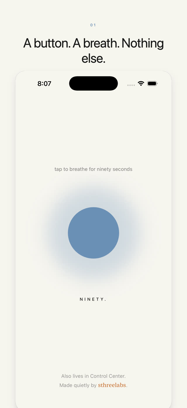 Ninety. screenshot: Ninety. screenshot: idle state, central blue button at rest