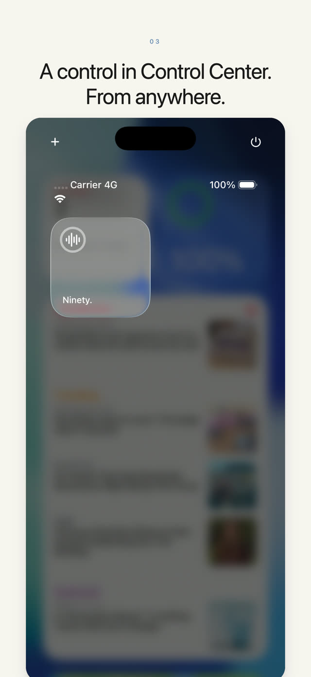 Ninety. screenshot: Ninety. screenshot: Control Center with the Ninety. widget visible