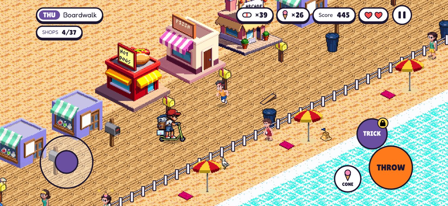 Paper Chaos screenshot: the Boardwalk, with shops and beachgoers