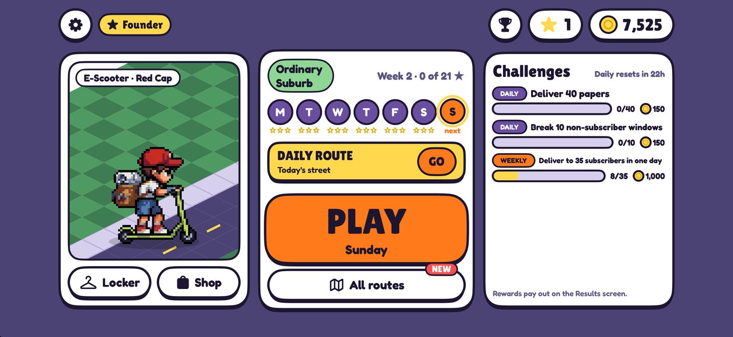 Paper Chaos screenshot: Home, with the week and the Daily Route ticket