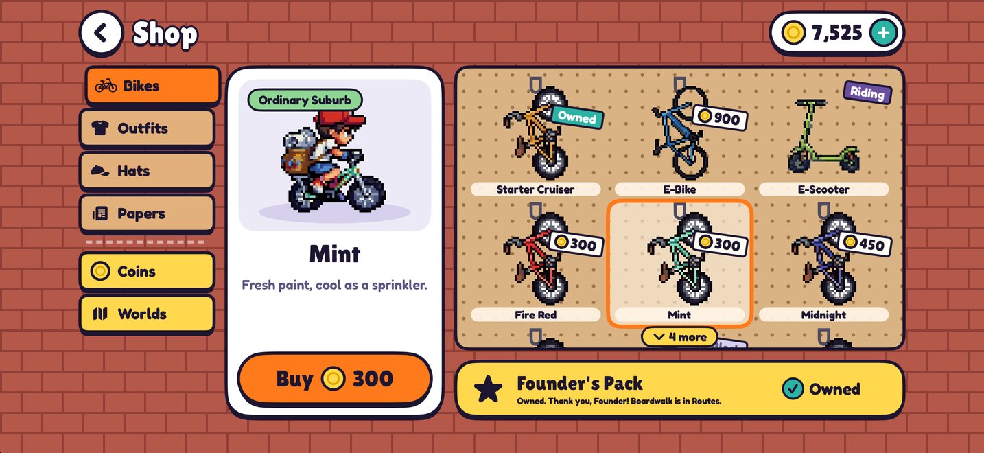 Paper Chaos screenshot: the Shop's bikes
