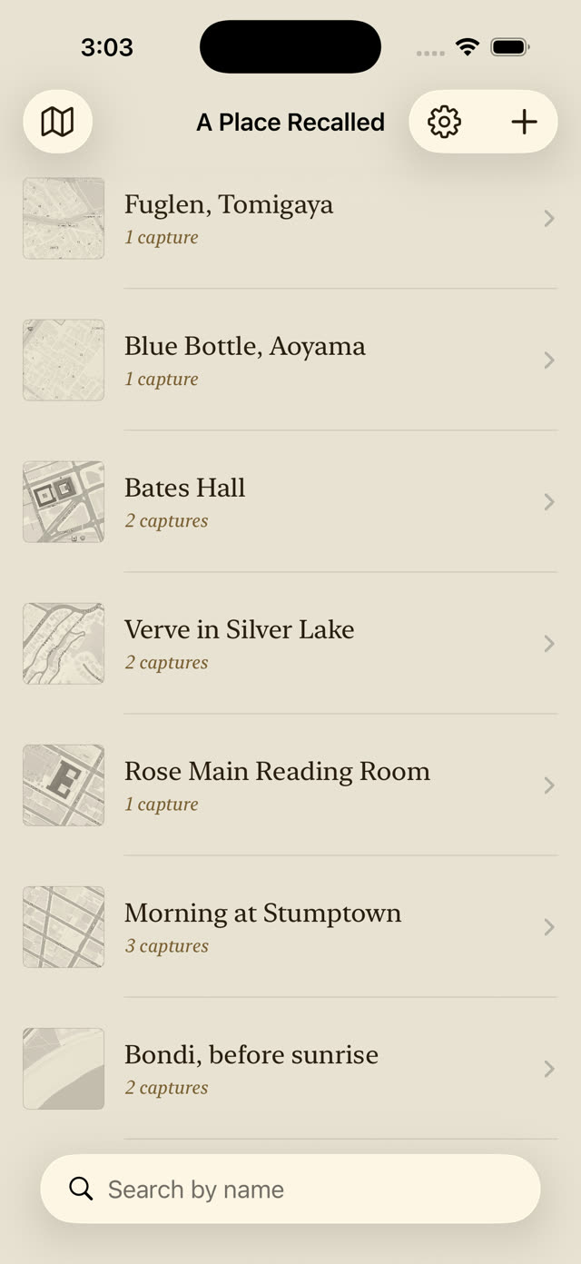 A Place Recalled screenshot: Library list with paperback-styled map thumbnails