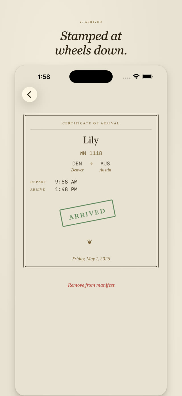 Until Arrival screenshot: Detail view with imperfect ARRIVED stamp
