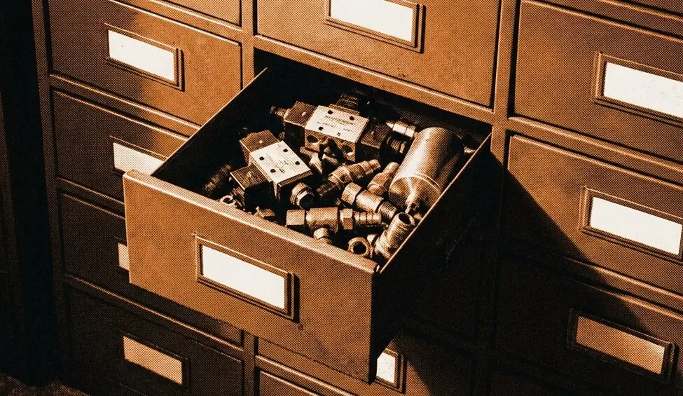 An open drawer of pneumatic valves and fittings in a parts room