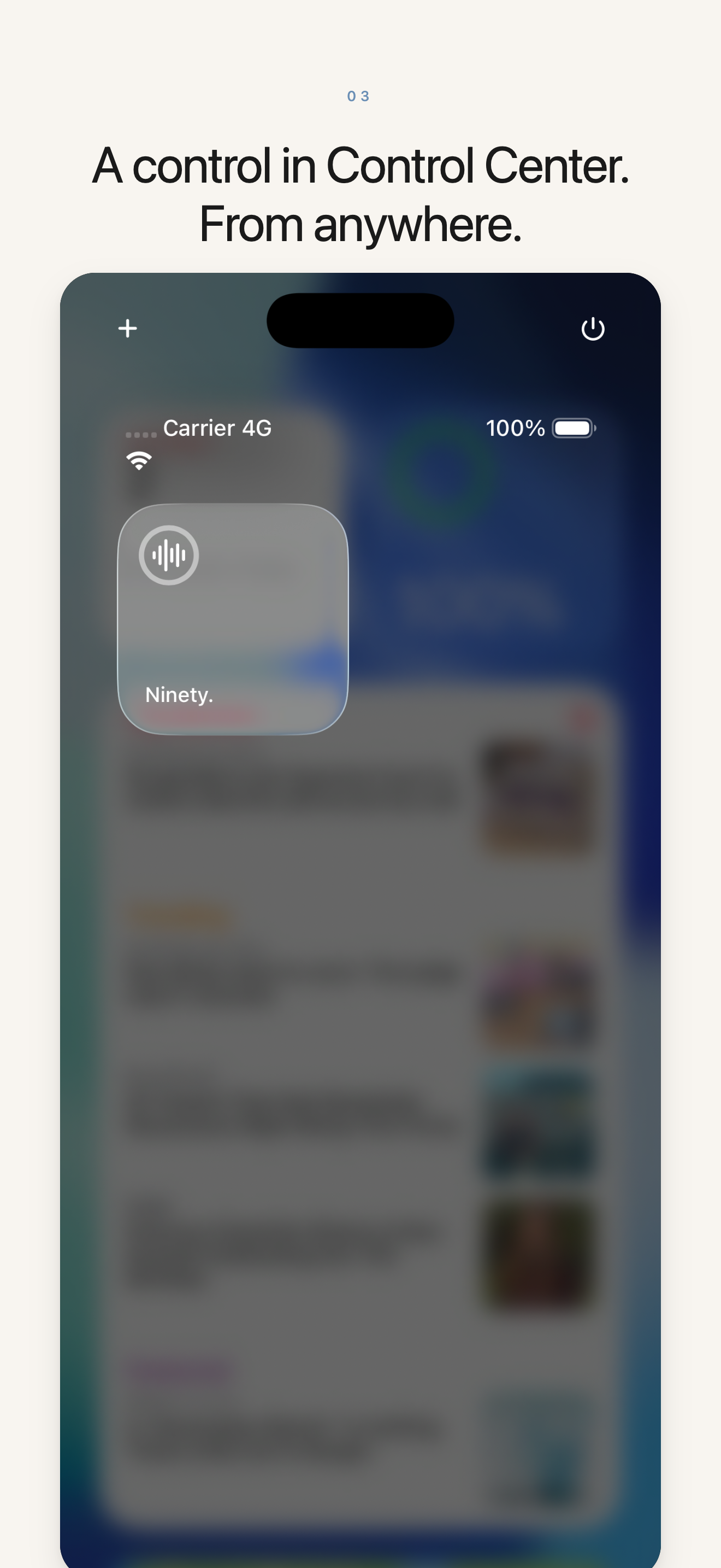 Ninety. screenshot — Control Center with the Ninety. widget visible