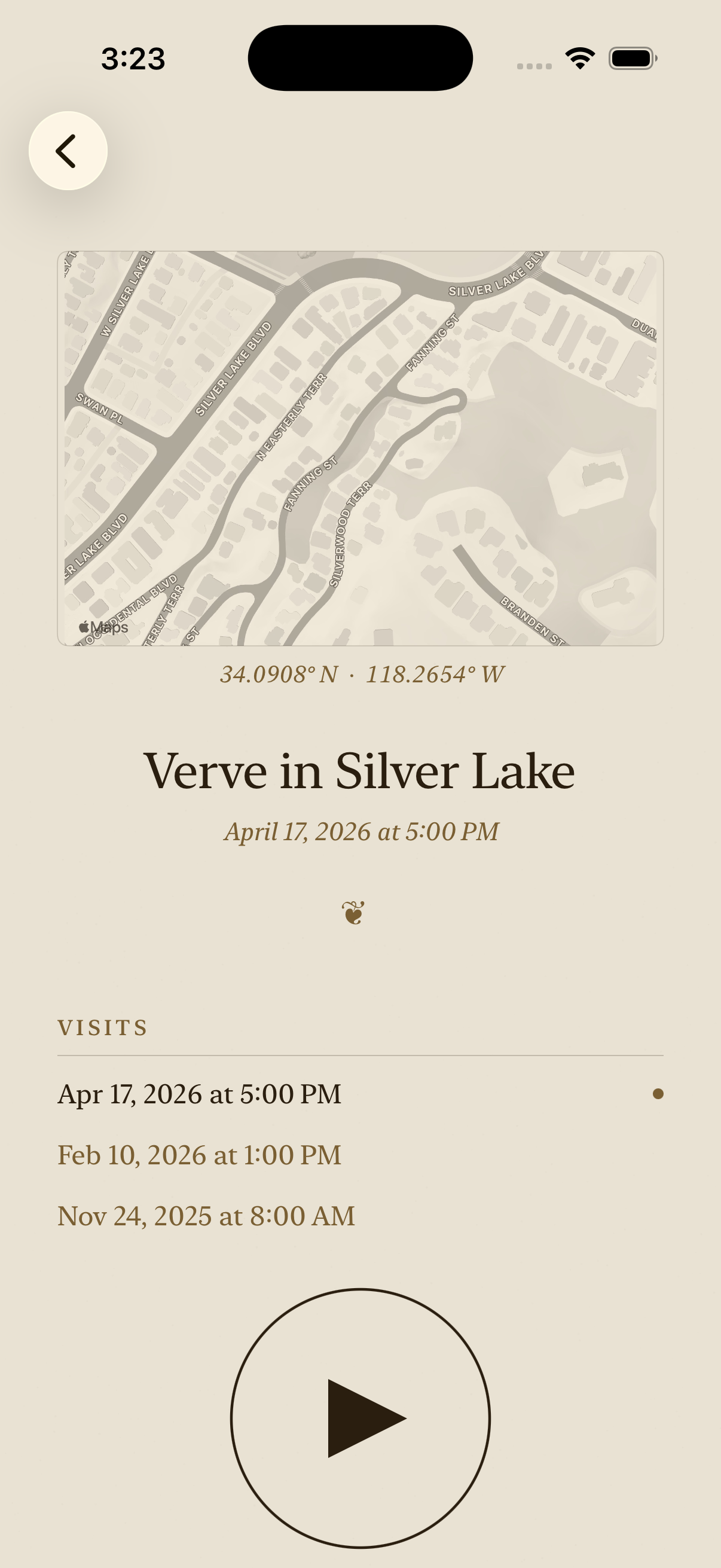Detail view — recolored map, name, play, visits