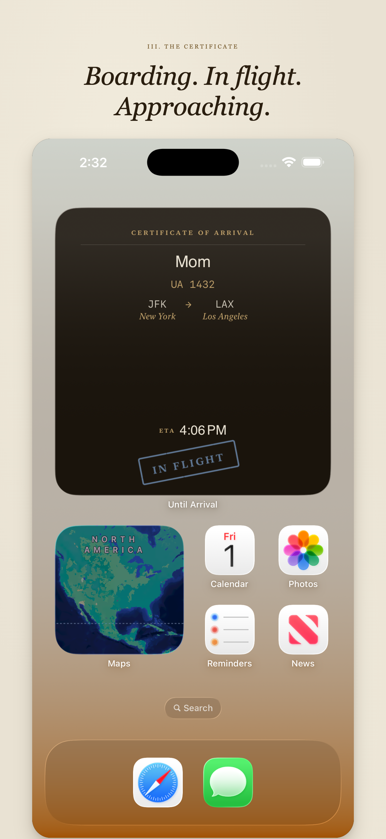 Home Screen Large widget — full Certificate of Arrival