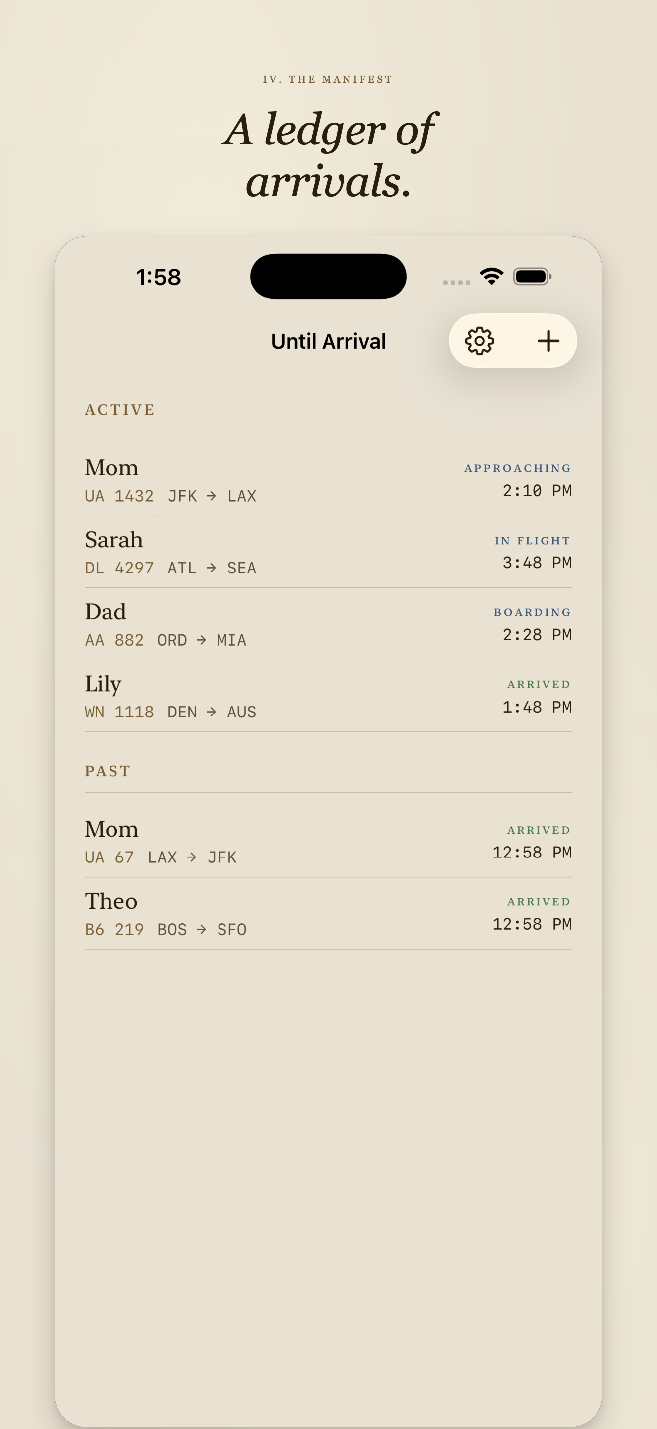 In-app Manifest view with active and past flights